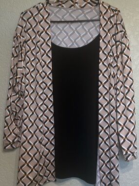 Geometric Pattern 2X Open Front Cardigan with Attached Black Tank